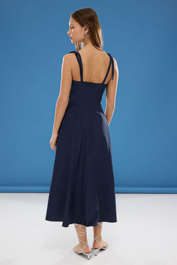 TRENDYOLMILLA Lacivert Duz A Kesim Fiyonk Detayl? Maxi Dokuma Elbise TWOSS25EL00144