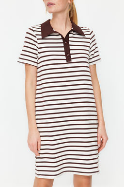 Kahverengi Beyaz Cizgili Polo Yaka A Kesim/Can Form Orme Elbise TWOSS24EL00023 - Trendyolmilla фото 4