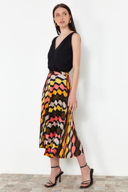 Cok Renkli Desenli Saten Kumas Pile Detayl? Midi Boy Dokuma Etek TWOSS24ET00245 - Trendyolmilla фото 2