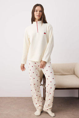 Ekru-K?rm?z? Kirazl? Fermuarl? Yumusak K?sl?k Waffle Orme Pijama Tak?m? THMAW26PT00186 - Trendyolmilla фото 2
