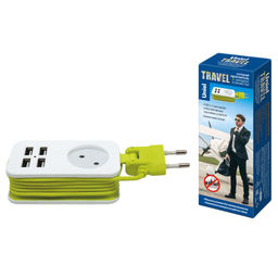 S-CT1-1,5U WHITE/GREEN Удлинитель серии Travel, шнур 1,5м., 1 гнездо, 10A, б/з, 4USB(2,1A). Белый с салатовым. ТМ Uniel