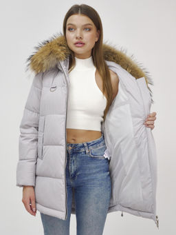 Куртка Бренд Visdeer ПРЕМИУМ КЛАССА зимняя с мехом ЕНОТА, светло-серого цвета  фото 16