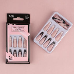 Накладные ногти для взрослых Черно-белый френч, 24 шт., клеевые пластины, форма балерина, глянцевые - Beauty fox фото 2