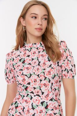 TRENDYOLMILLA Cok Renkli A Kesim Dik Yaka Cicek Desenli Super Mini Astarl? Dokuma Elbise TWOSS21EL2880 фото 9