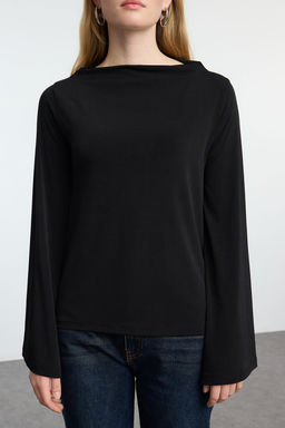 Siyah Relaxed/Rahat Kal?p Ispanyol Kol Esnek Orme Bluz TWOAW25BZ00203