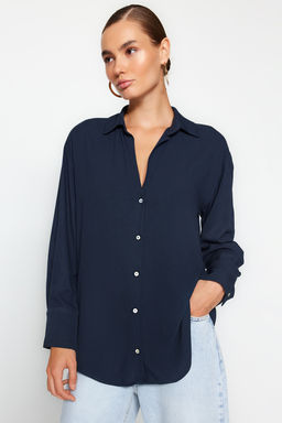 Lacivert Basic Oversize Genis Kal?p Dokuma Gomlek TWOAW24GO00207