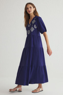 Lacivert Duz Kesim Nak?sl? Maxi Dokuma Elbise TWOSS25EL00058 - Trendyolmilla фото 2