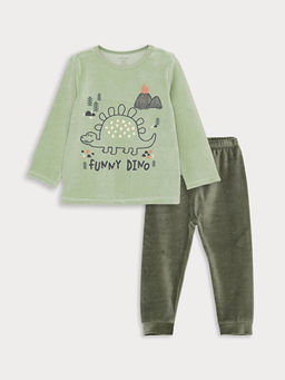 Bisiklet Yaka Uzun Kollu Bask?l? Kadife Erkek Bebek Pijama Tak?m?