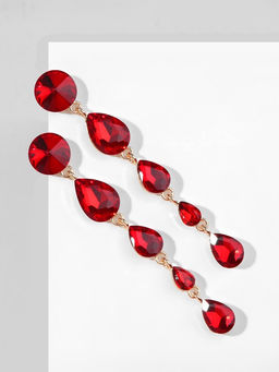 Серьги висячие со стразами Драгоценность капли, красные в золоте, 9.5 см