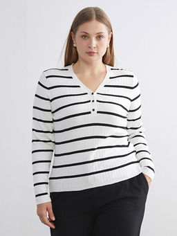 V Yaka ?izgili Kad?n Triko Kazak