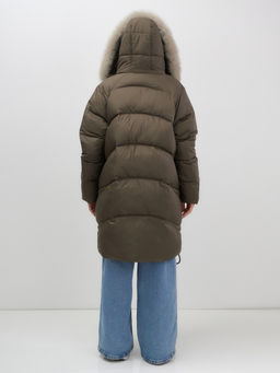 Пальто зимнее утепленное с мехом и капюшоном тренд темно-коричневого цвета 7745TK - Visdeer фото 7