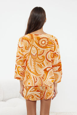 Trendyolmilla Cok Renkli Etnik Desenli Baglama/Fiyonk Detayl? Viskon Sortlu Dokuma Pijama Tak?m? THMSS23PT00165  фото 19