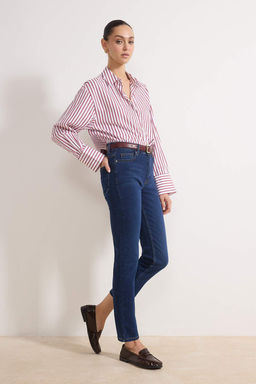 Koyu Mavi Yuksek Bel Straight Yumusak Ekstra Esneyen Orme Kot/Jeans TWOSS26JE00104