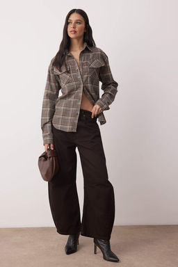 Kahverengi Ekoseli Cep Detayl? Oversize Flanel Gomlek TWOAW26GO00143