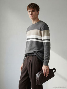 Bisiklet Yaka ?izgili Erkek Triko Kazak