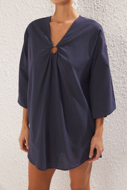 Trendyolmilla Lacivert Mini Dokuma Aksesuarl? Keten Gorunumlu Plaj Elbisesi TBESS25EL00067 фото 8