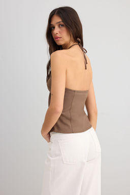 Ac?k Kahverengi Pamuklu Ince Gabardin Halter Yaka Dokuma Bluz TWOSS25BZ00536