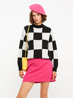 Bisiklet Yaka Ekose Uzun Kollu Kad?n Triko Kazak