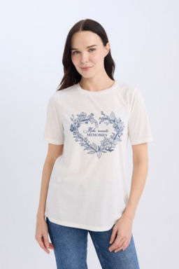 Regular Fit Bisiklet Yaka Bask?l? K?sa Kollu Tisort