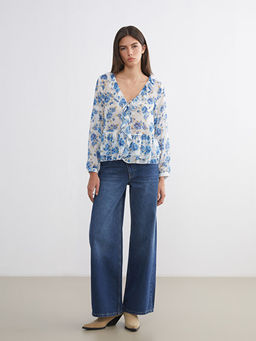 V Yaka ?i?ekli F?rf?rl? ?ifon Bluz