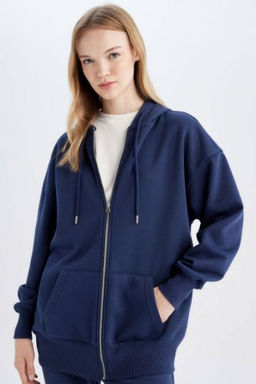 Oversize Genis Kal?p Kapusonlu Cepli Basic Duz Fermuarl? Sweatshirt