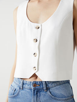 U Yaka Keten Kar???ml? Kad?n Klasik Yelek