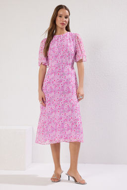 Lila Cicek Desenli A Kesim Astarl? Midi Dokuma Elbise TWOSS20EL0908