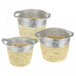 Корзина плетеная, интерьерная "Металлик" набор 3 штуки: д30см h27см; д26см h23см; д22см h20см, с ручками, серебро, ручная работа (Китай)