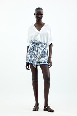 PRINTED SATIN PAPERBAG BERMUDA SHORTS