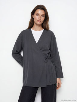 Kruvaze Yaka Dokulu Modal Kar???ml? Kad?n Kimono