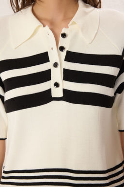 Ekru Polo Yaka Renk Bloklu Ince Triko Bluz TWOSS25KZ00002 - Trendyolmilla фото 3