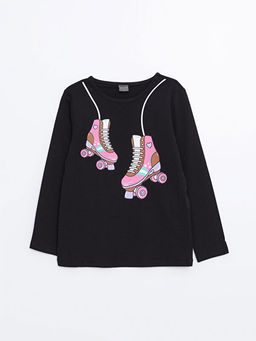 Bisiklet Yaka Bask?l? Uzun Kollu K?z ?ocuk Ti??rt