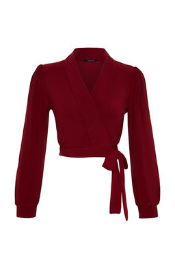 Bordo Kruvaze Kapamal? Crop Esnek Orme Bluz TWOAW24BZ00071
