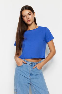 Mavi-Yesil 2li Paket %100 Pamuk Crop Bisiklet Yaka Orme T-Shirt TWOSS20TS1480