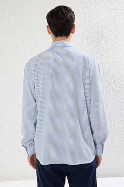 TRENDYOL MAN Mavi Oversize Cizgili Gofre Esnek Rahat Kumas Orme Gomlek TMNSS25GO00024 - Trendyolmilla фото 6