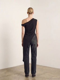 D?k?ml? Yaka Modal Kar???ml? Asimetrik Kesim Bluz