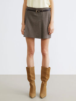 Beli Kemerli Ekose Pileli Mini ?ortlu Etek