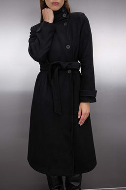 Siyah Dik Yaka Diagonel Kruvaze Regular Uzun Kase Kaban TWOAW26KB00048 - Trendyolmilla фото 5