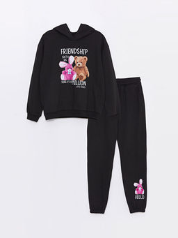 Kap??onlu Bask?l? Uzun Kollu K?z ?ocuk Sweatshirt ve E?ofman Alt?