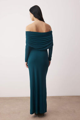 Limited Edition Kahverengi Buzgulu Carmen Yaka Esnek Maxi Orme Elbise TWOAW26EL00112 - Trendyolmilla фото 16