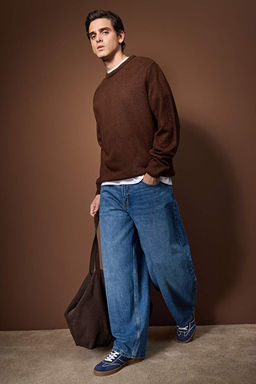 Kahverengi Oversize/Geni_ Kesim Bisiklet Yaka Kazak TMNAW26KZ00012