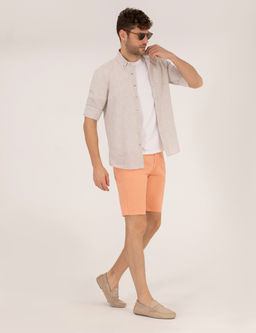 Turuncu Slim Fit Keten Kar___ml_ Beli Lastikli Bermuda _ort