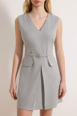 Gri Kemerli K?sa / Mini Dokuma Elbise TWOSS26EL00124