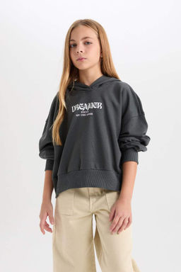 Толстовка оверсайз с капюшоном и принтом для девочек - Defacto фото 4