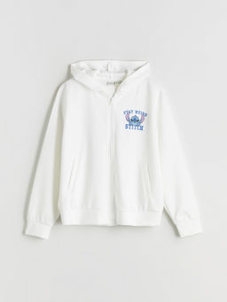 Kap??onlu Stitch Bask?l? K?z ?ocuk Fermuarl? Sweatshirt