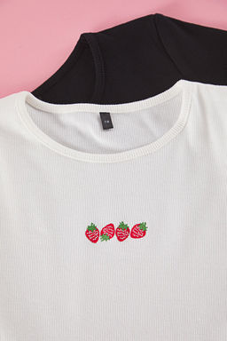 Ekru-Siyah K?z Cocuk Pamuklu Nak?sl? Regular/Normal Kal?p K?sa Kol Orme T-Shirt TKDSS25TS00026 - Trendyolmilla фото 2