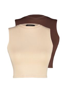 Kahverengi-Bej 2li Paket Kolsuz Crop Pamuklu Esnek Orme Atlet TWOSS23AL00010