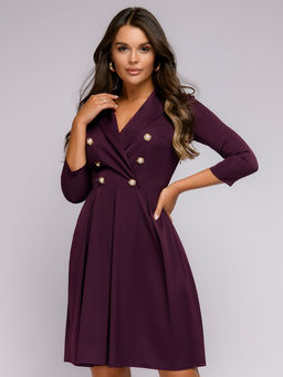 Платье бордовое длины мини с длинными рукавами и декоративными пуговицами