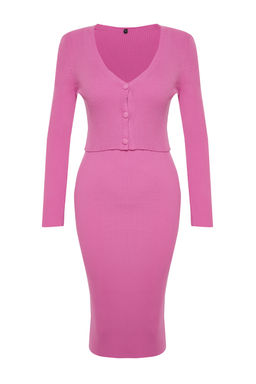 TRENDYOLMILLA Pembe Vucuda Oturan Midi Triko H?rka Elbise Tak?m TWOSS21EL0208 фото 44