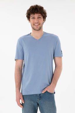 Erkek Regular Fit V Yaka Mavi Basic Ti__rt Sepette S_rpriz _ndirim
